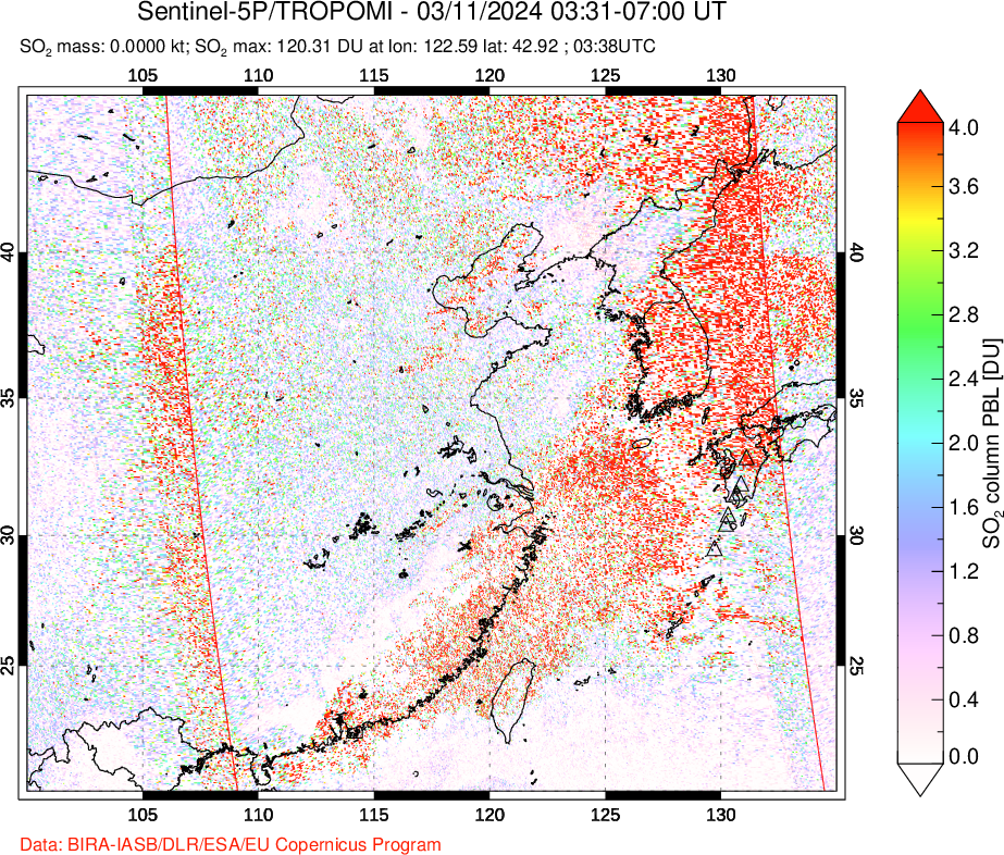 A sulfur dioxide image over Eastern China on Mar 11, 2024.