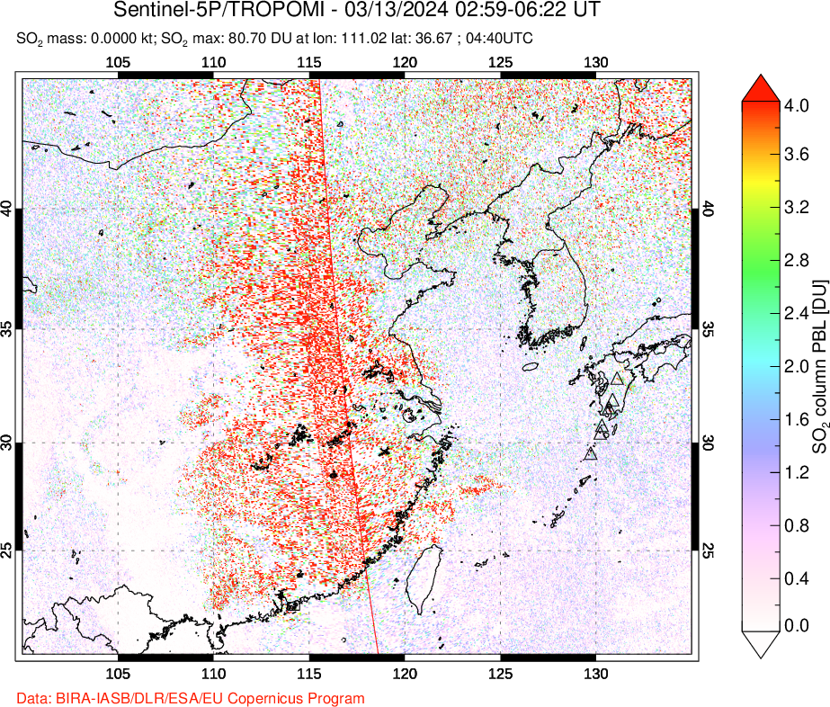 A sulfur dioxide image over Eastern China on Mar 13, 2024.