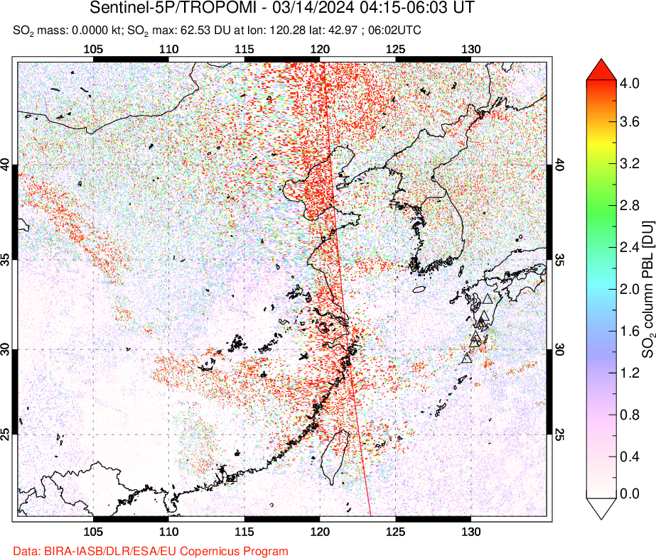 A sulfur dioxide image over Eastern China on Mar 14, 2024.