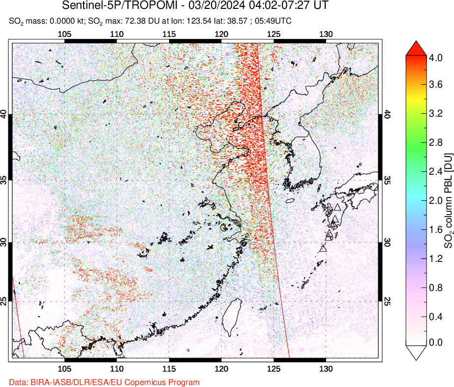 A sulfur dioxide image over Eastern China on Mar 20, 2024.