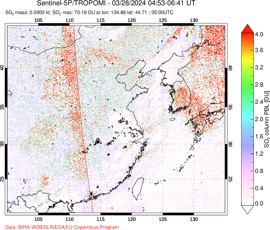 A sulfur dioxide image over Eastern China on Mar 28, 2024.