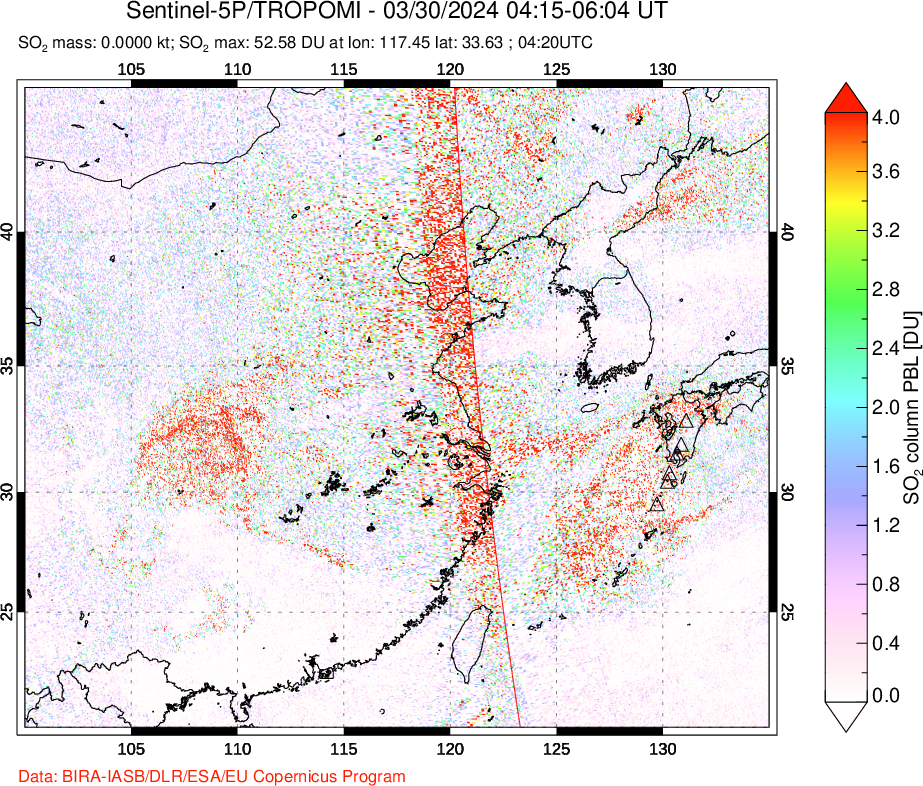 A sulfur dioxide image over Eastern China on Mar 30, 2024.