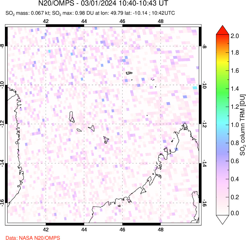 A sulfur dioxide image over Comoro Islands on Mar 01, 2024.