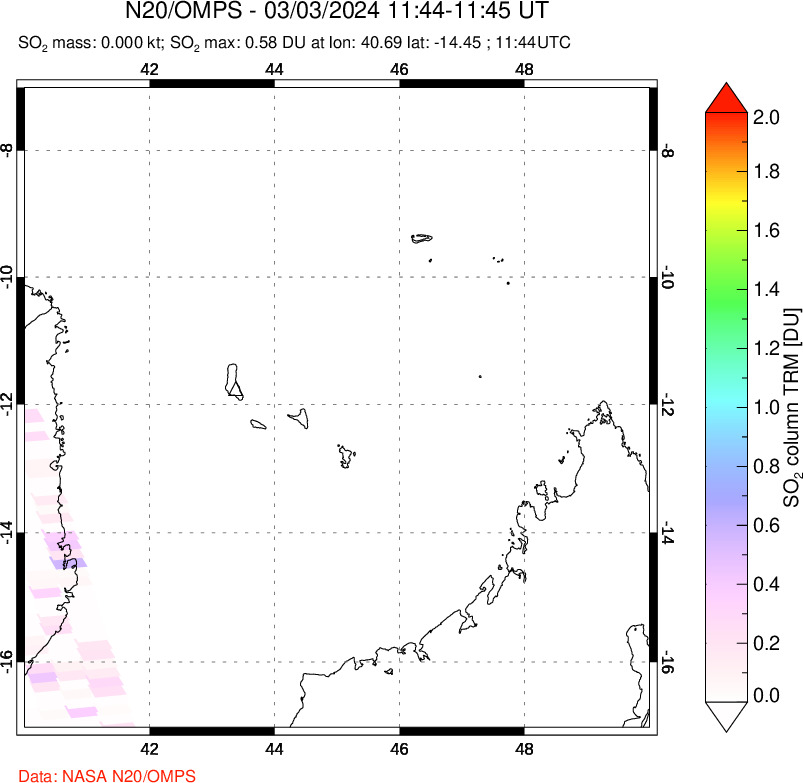 A sulfur dioxide image over Comoro Islands on Mar 03, 2024.