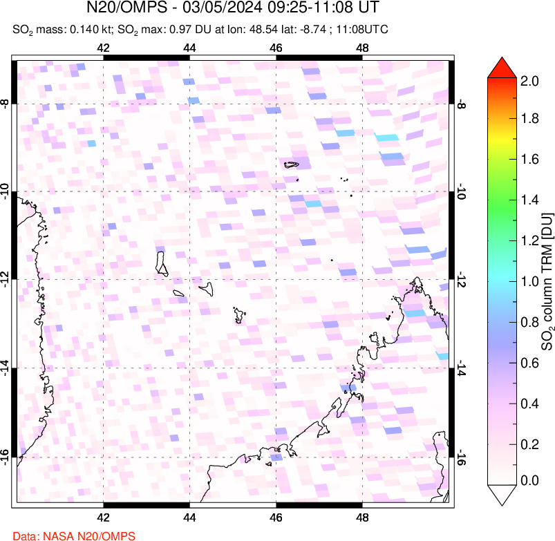 A sulfur dioxide image over Comoro Islands on Mar 05, 2024.