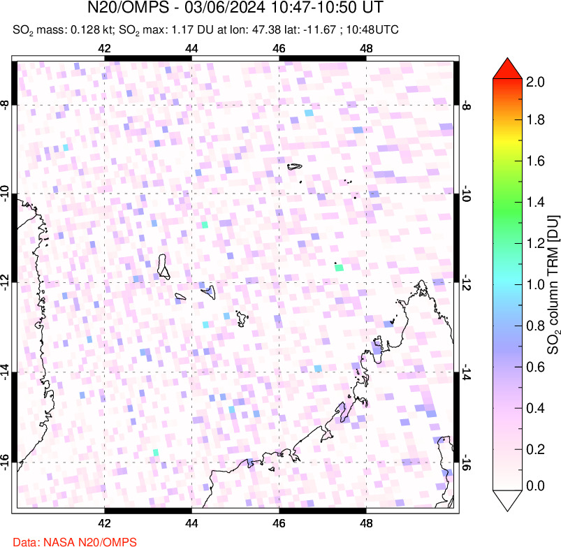 A sulfur dioxide image over Comoro Islands on Mar 06, 2024.