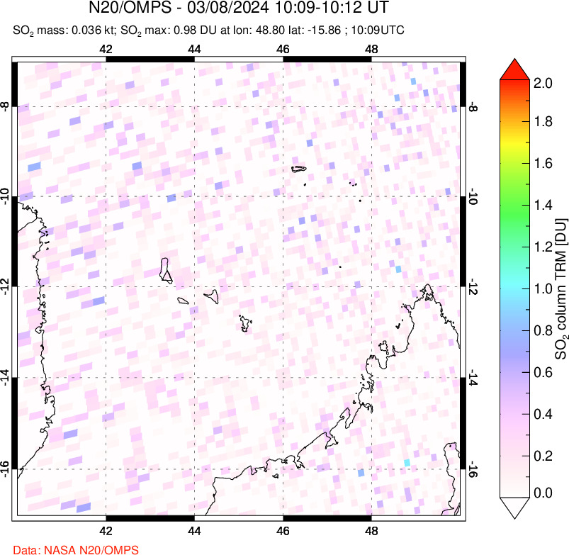 A sulfur dioxide image over Comoro Islands on Mar 08, 2024.