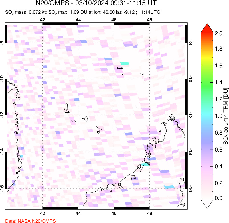 A sulfur dioxide image over Comoro Islands on Mar 10, 2024.