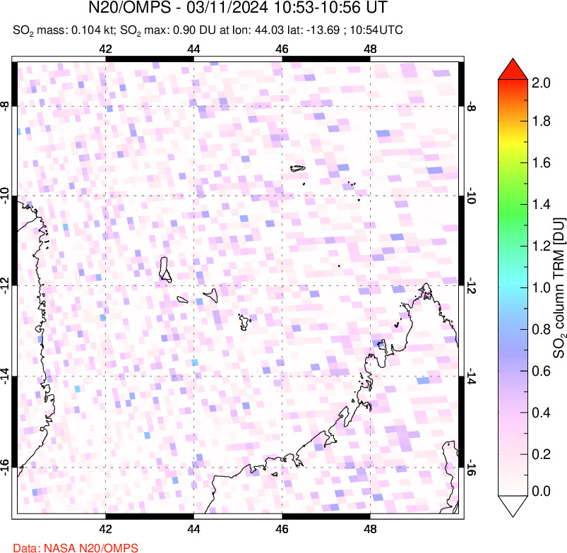 A sulfur dioxide image over Comoro Islands on Mar 11, 2024.