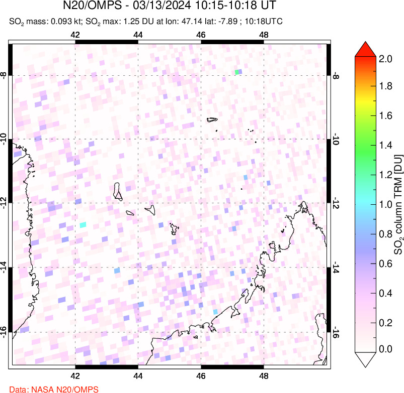 A sulfur dioxide image over Comoro Islands on Mar 13, 2024.