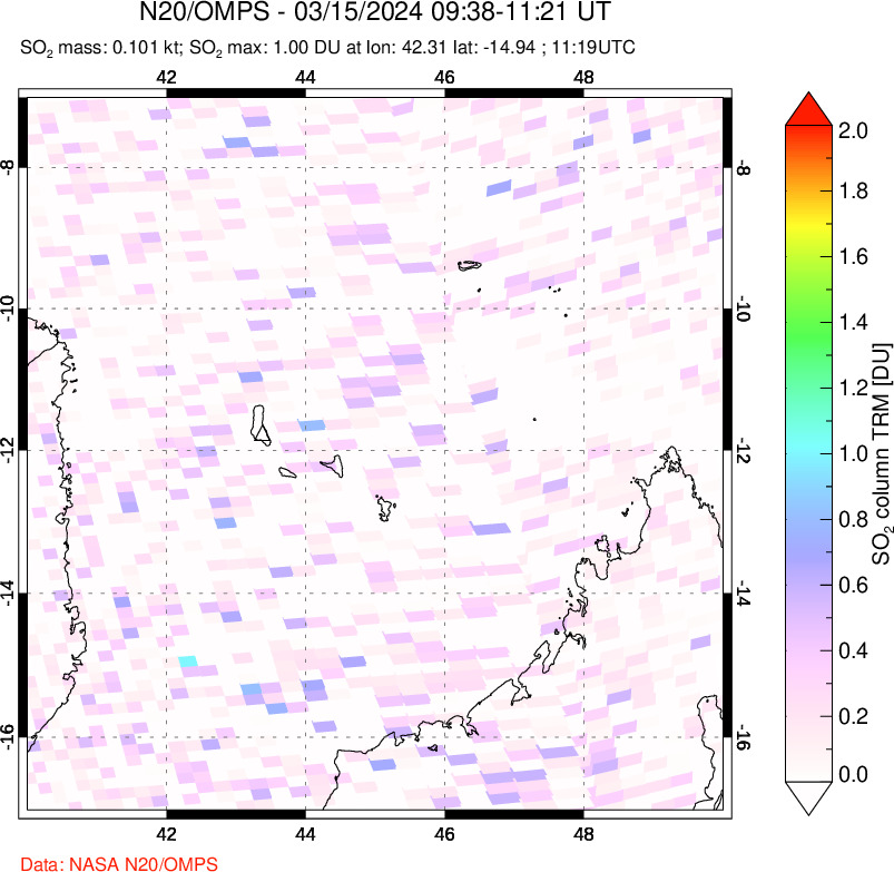 A sulfur dioxide image over Comoro Islands on Mar 15, 2024.