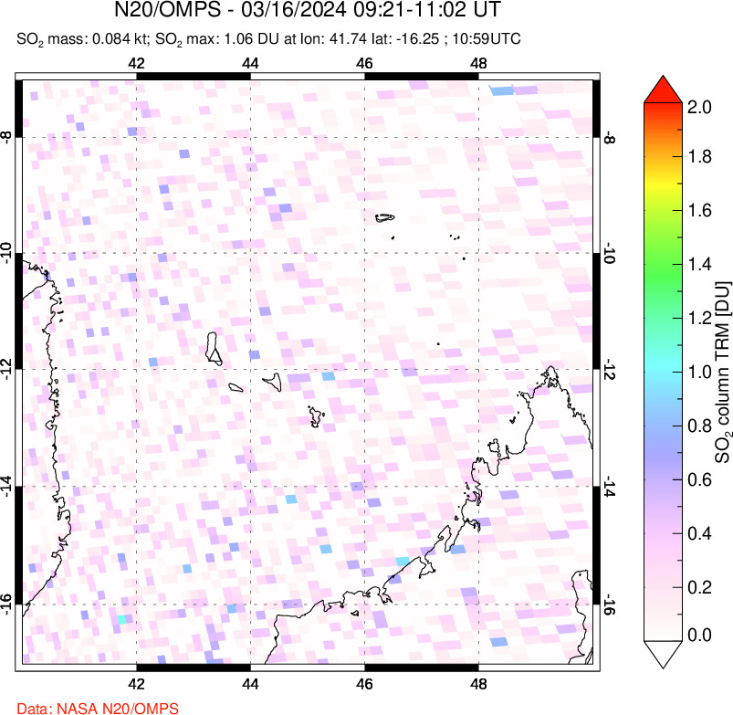 A sulfur dioxide image over Comoro Islands on Mar 16, 2024.