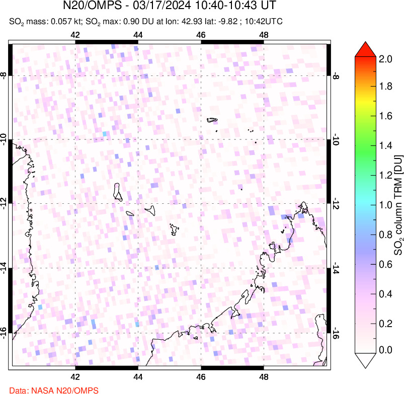 A sulfur dioxide image over Comoro Islands on Mar 17, 2024.