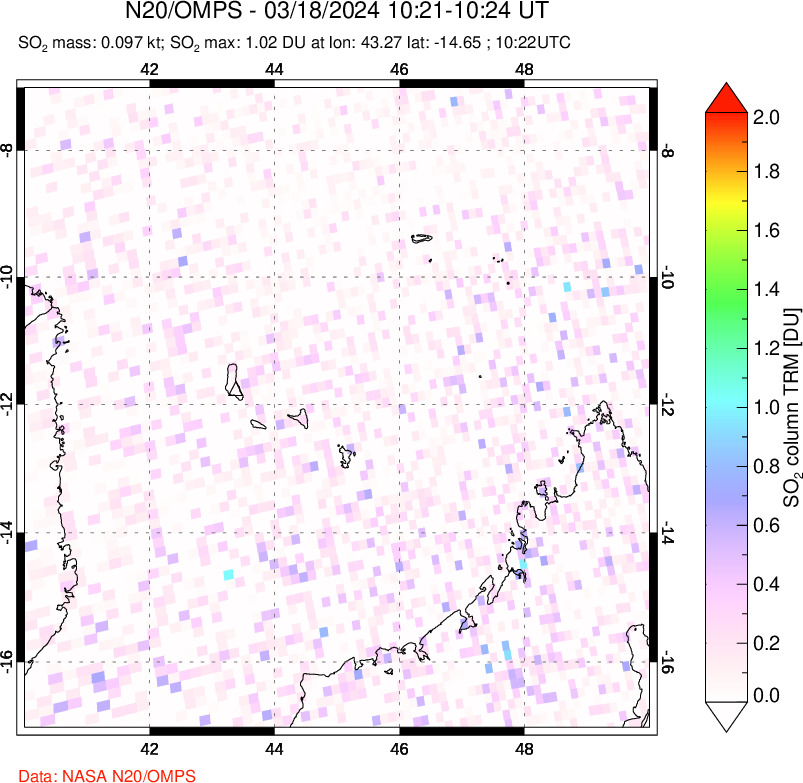 A sulfur dioxide image over Comoro Islands on Mar 18, 2024.