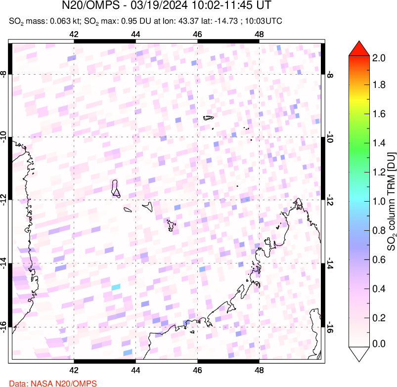 A sulfur dioxide image over Comoro Islands on Mar 19, 2024.