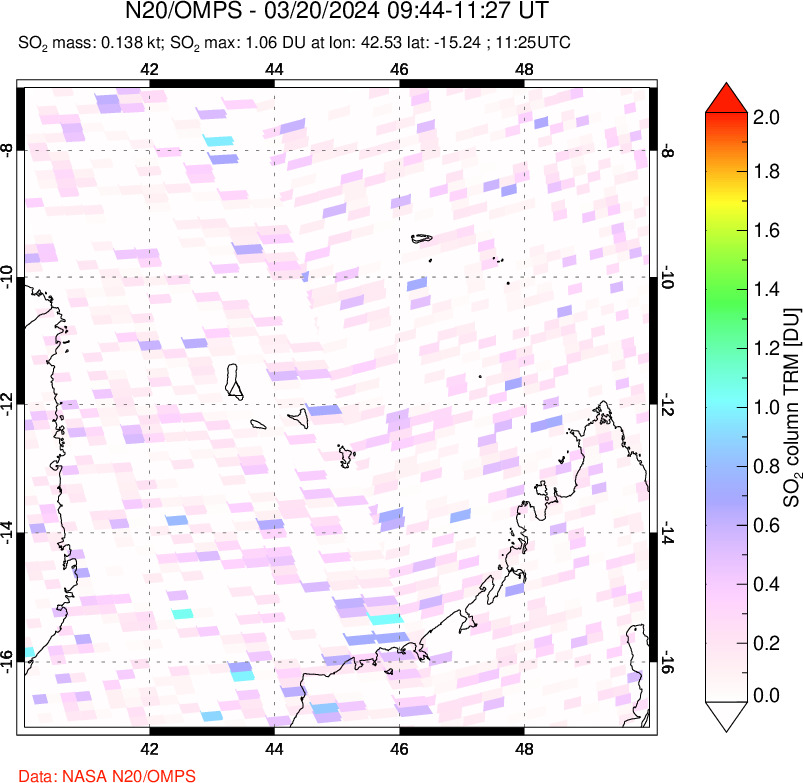 A sulfur dioxide image over Comoro Islands on Mar 20, 2024.