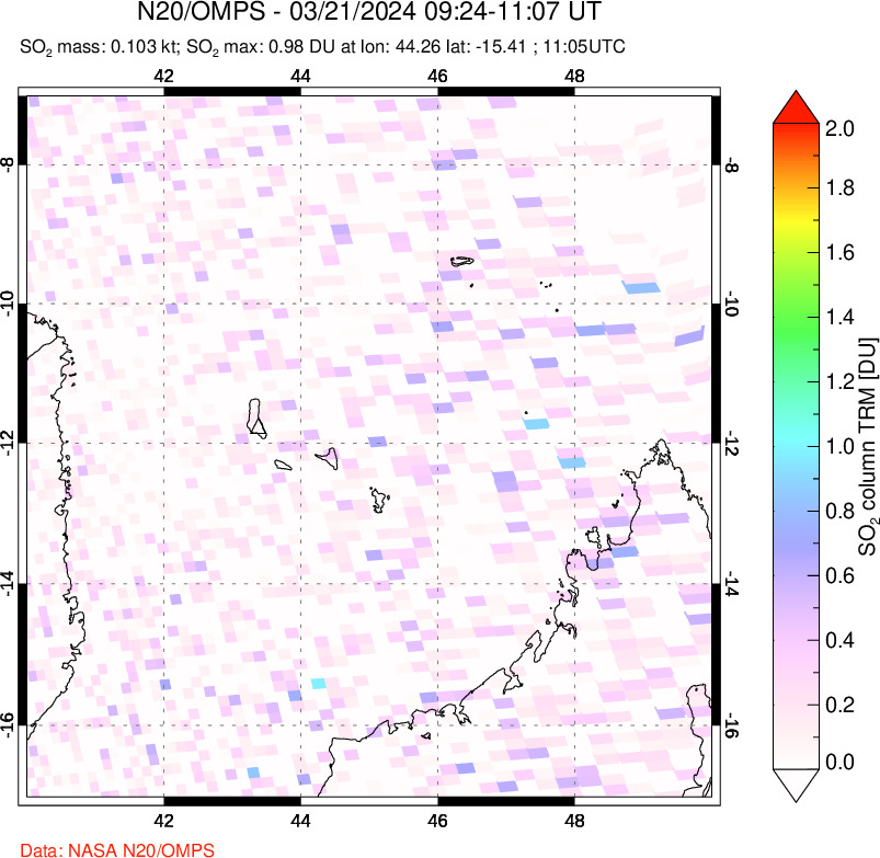 A sulfur dioxide image over Comoro Islands on Mar 21, 2024.