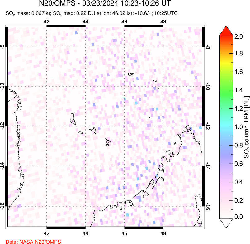 A sulfur dioxide image over Comoro Islands on Mar 23, 2024.