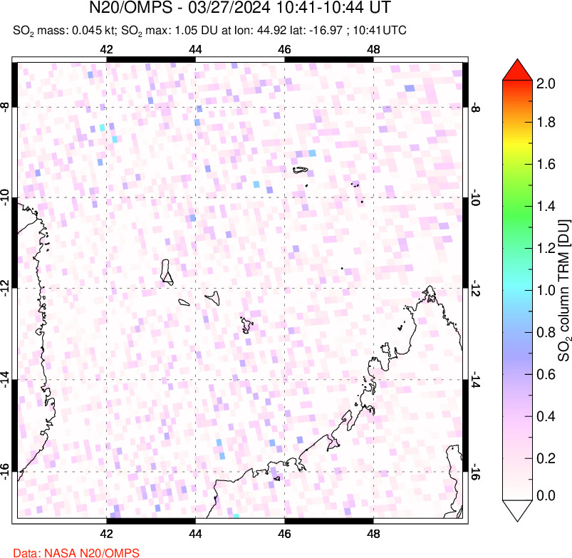 A sulfur dioxide image over Comoro Islands on Mar 27, 2024.