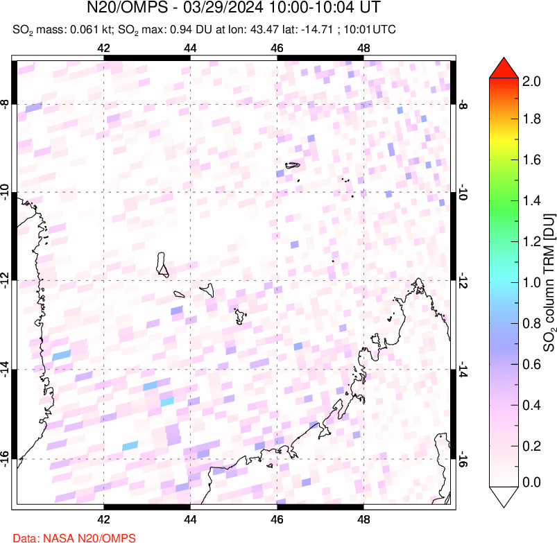 A sulfur dioxide image over Comoro Islands on Mar 29, 2024.