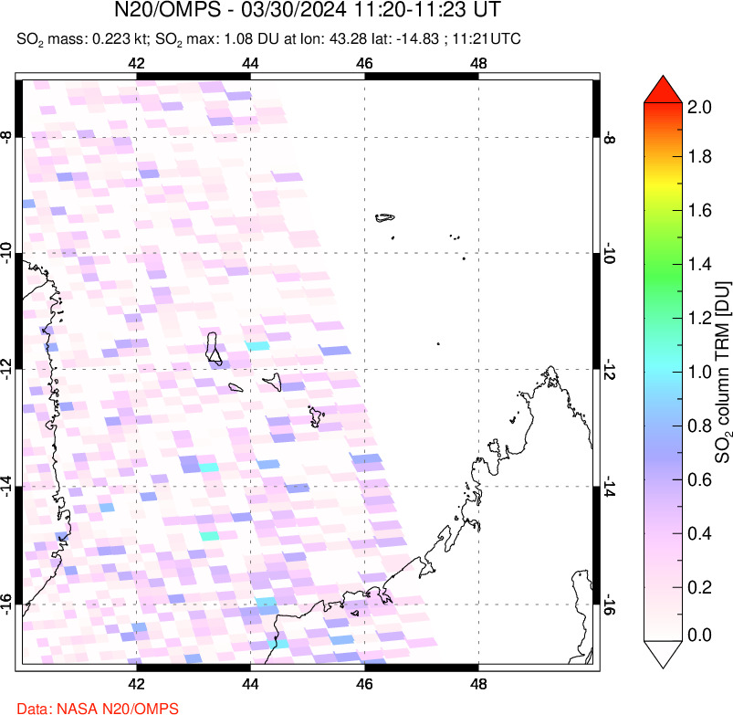 A sulfur dioxide image over Comoro Islands on Mar 30, 2024.