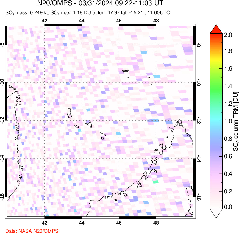 A sulfur dioxide image over Comoro Islands on Mar 31, 2024.