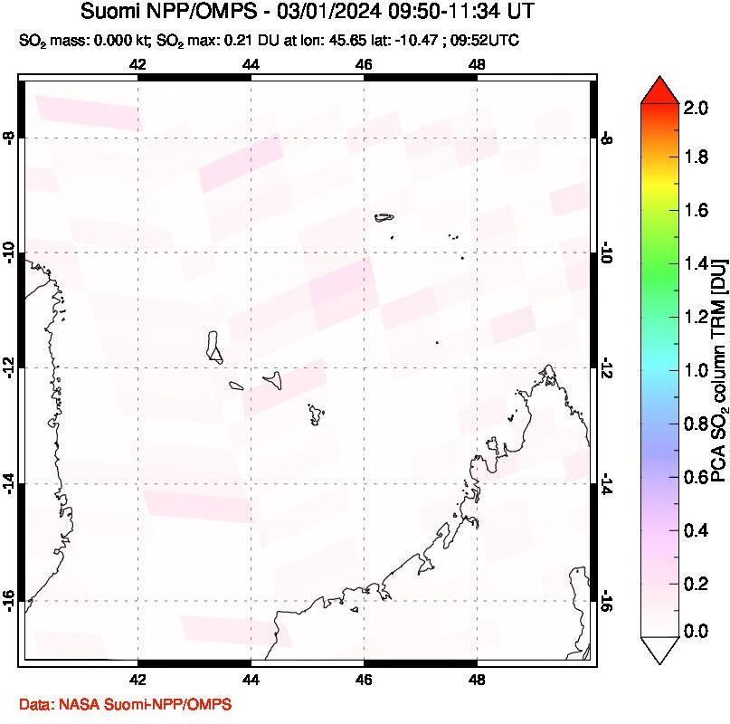 A sulfur dioxide image over Comoro Islands on Mar 01, 2024.