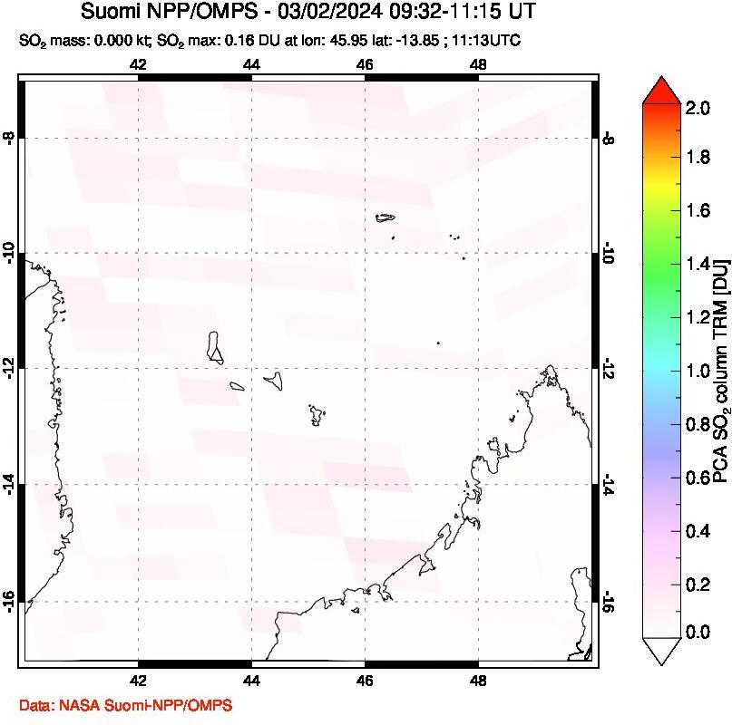 A sulfur dioxide image over Comoro Islands on Mar 02, 2024.