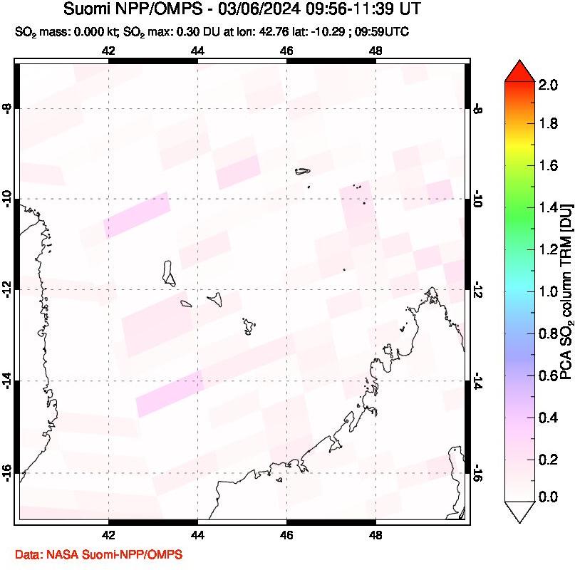 A sulfur dioxide image over Comoro Islands on Mar 06, 2024.