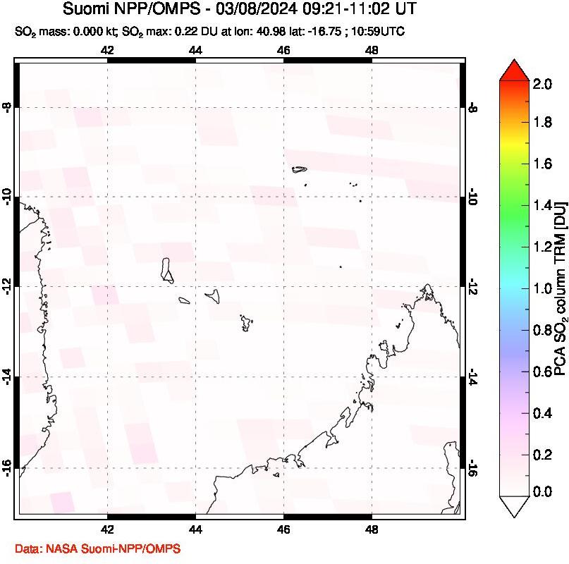 A sulfur dioxide image over Comoro Islands on Mar 08, 2024.