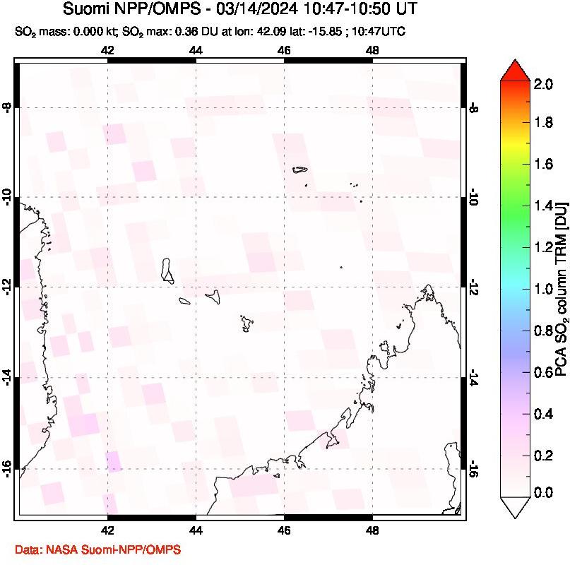 A sulfur dioxide image over Comoro Islands on Mar 14, 2024.