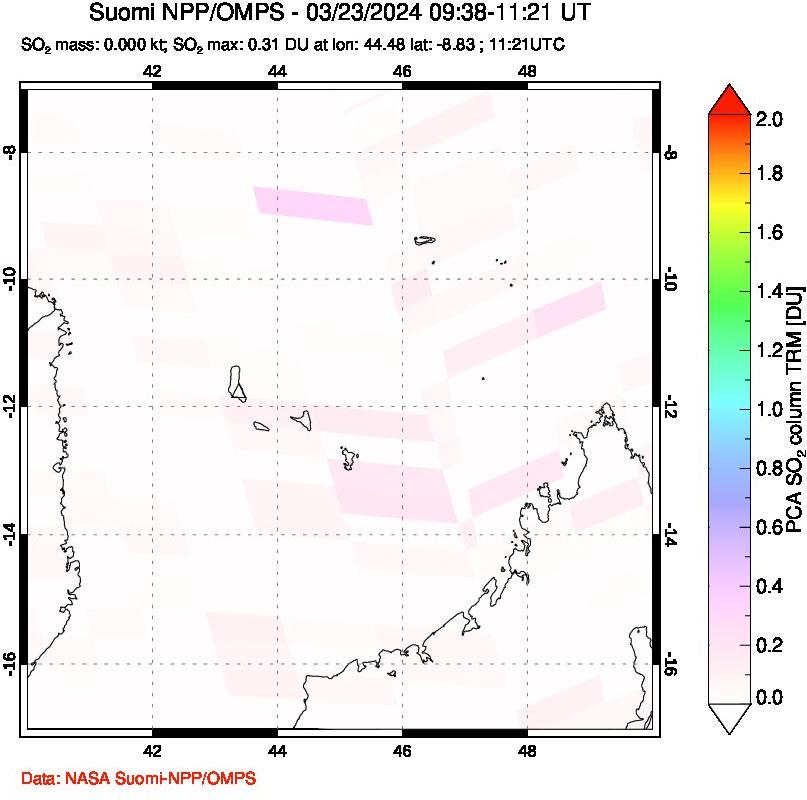 A sulfur dioxide image over Comoro Islands on Mar 23, 2024.