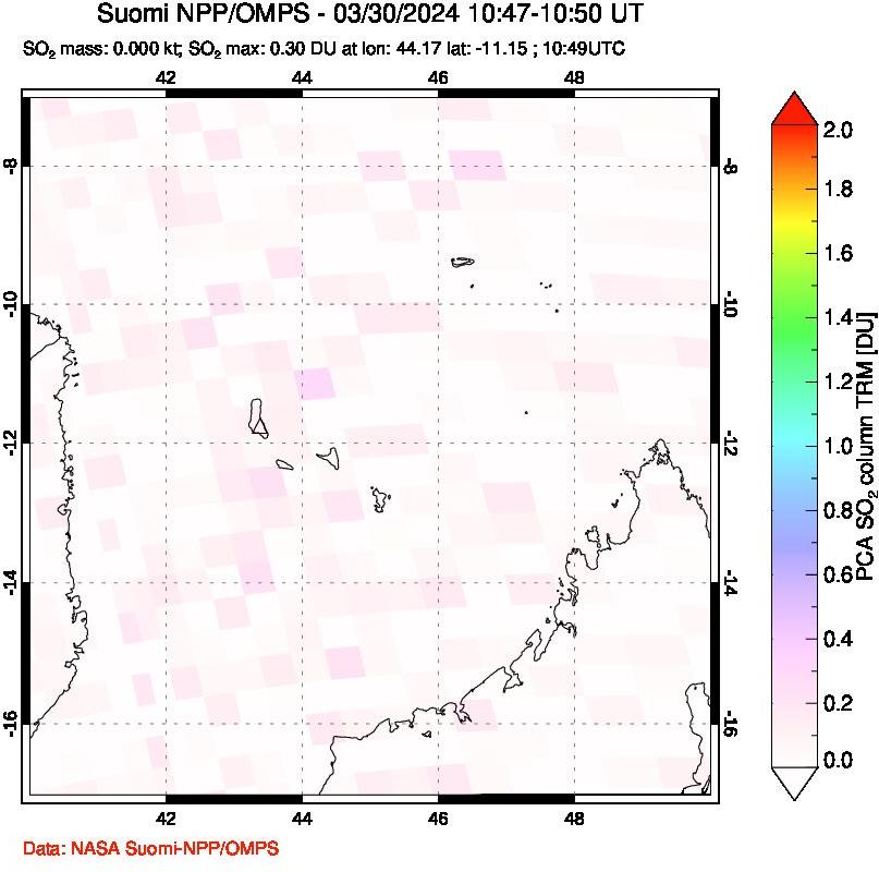 A sulfur dioxide image over Comoro Islands on Mar 30, 2024.