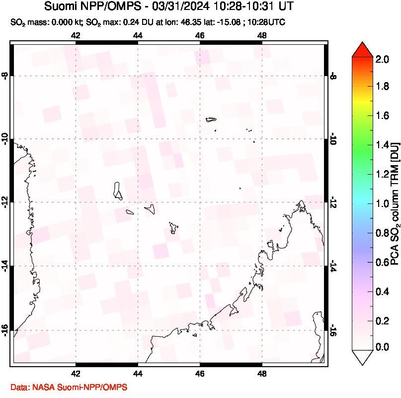 A sulfur dioxide image over Comoro Islands on Mar 31, 2024.