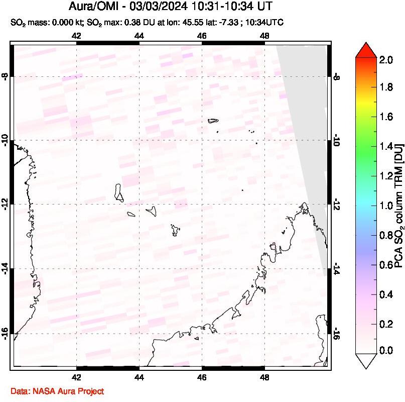 A sulfur dioxide image over Comoro Islands on Mar 03, 2024.