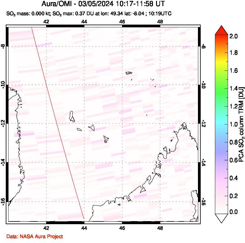 A sulfur dioxide image over Comoro Islands on Mar 05, 2024.