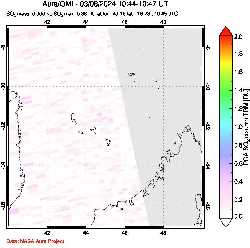 A sulfur dioxide image over Comoro Islands on Mar 08, 2024.