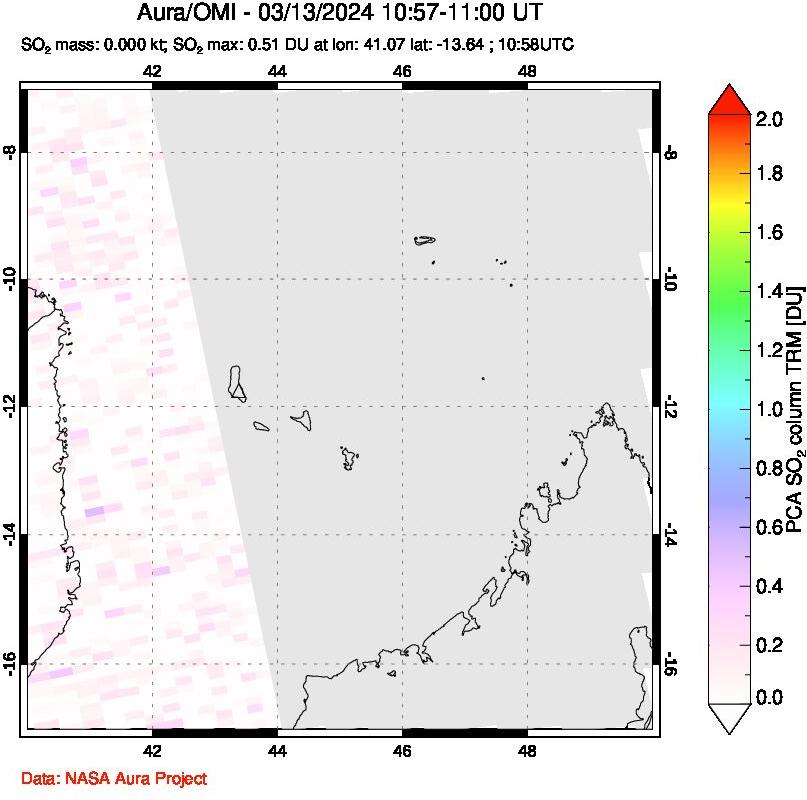 A sulfur dioxide image over Comoro Islands on Mar 13, 2024.