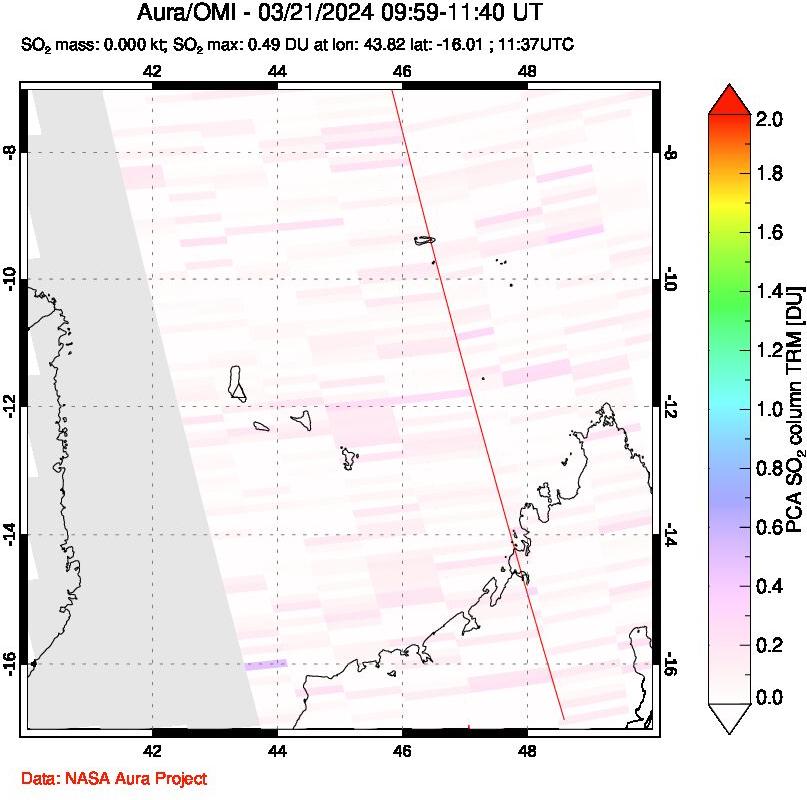 A sulfur dioxide image over Comoro Islands on Mar 21, 2024.