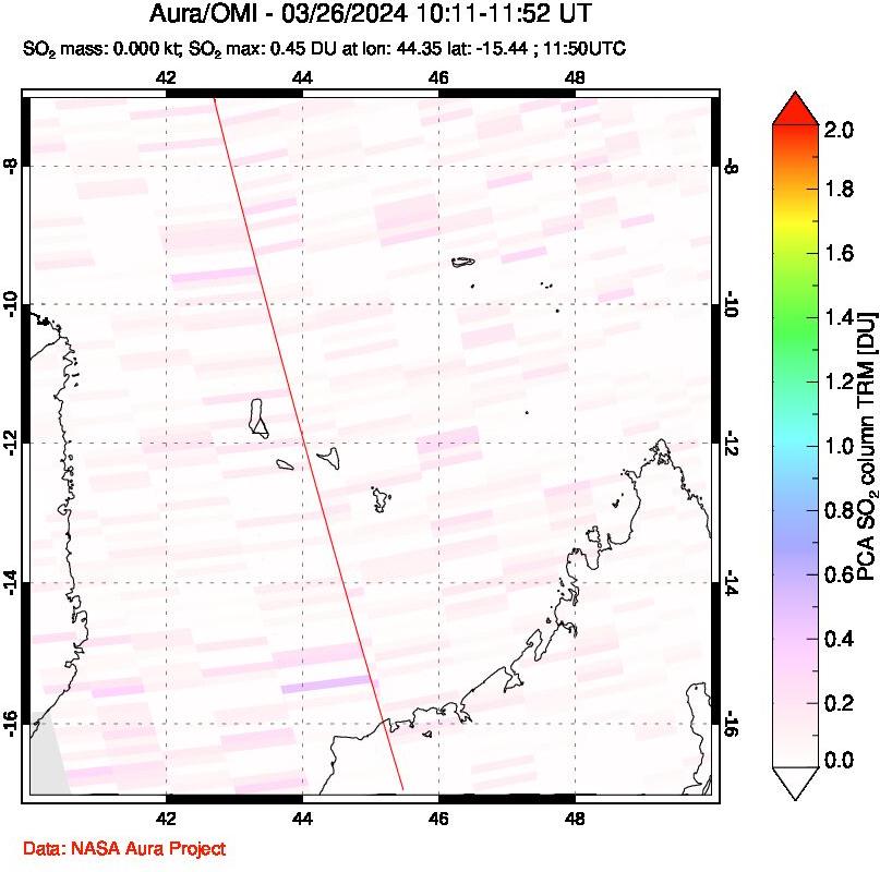 A sulfur dioxide image over Comoro Islands on Mar 26, 2024.