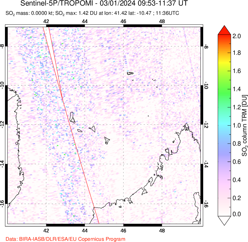 A sulfur dioxide image over Comoro Islands on Mar 01, 2024.