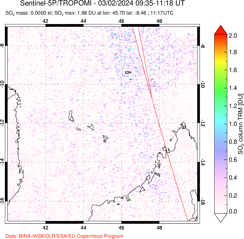 A sulfur dioxide image over Comoro Islands on Mar 02, 2024.