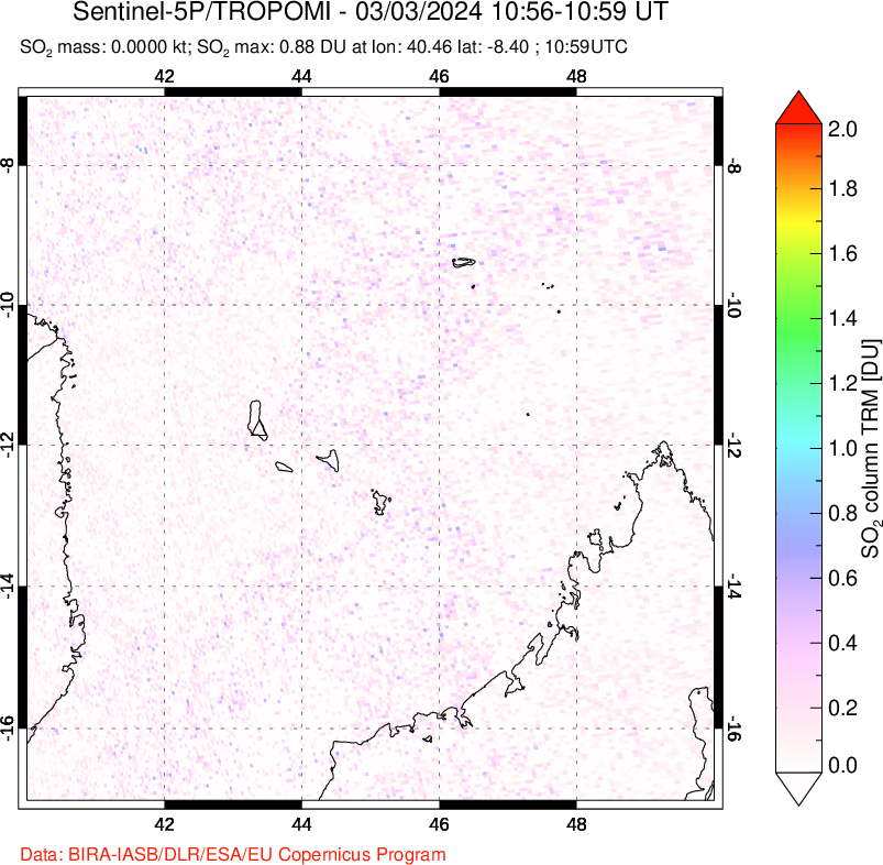 A sulfur dioxide image over Comoro Islands on Mar 03, 2024.