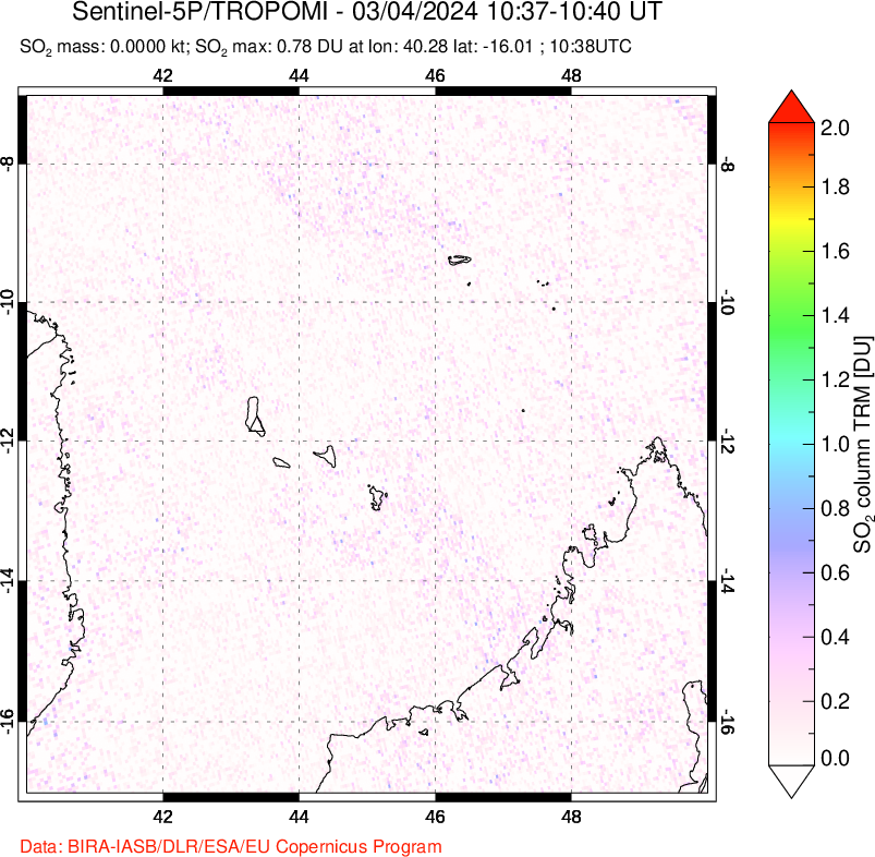 A sulfur dioxide image over Comoro Islands on Mar 04, 2024.