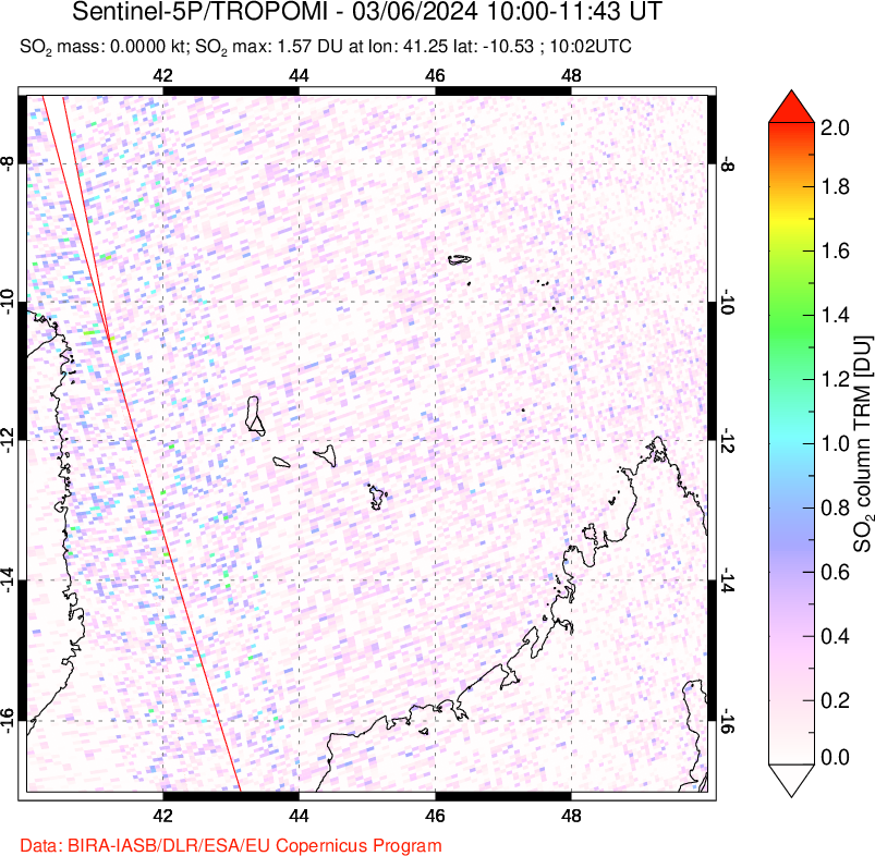 A sulfur dioxide image over Comoro Islands on Mar 06, 2024.