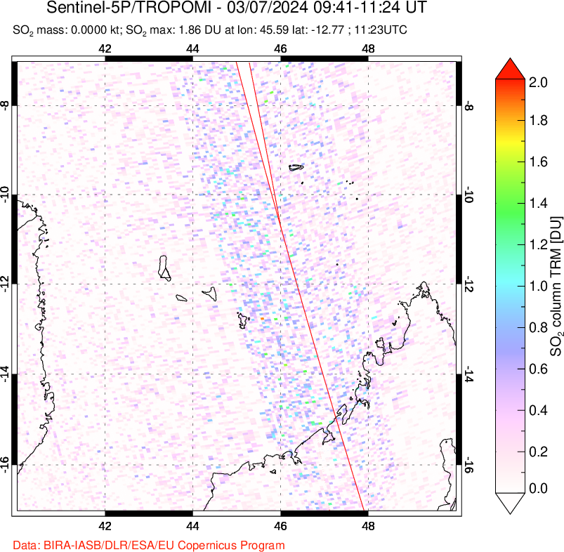 A sulfur dioxide image over Comoro Islands on Mar 07, 2024.