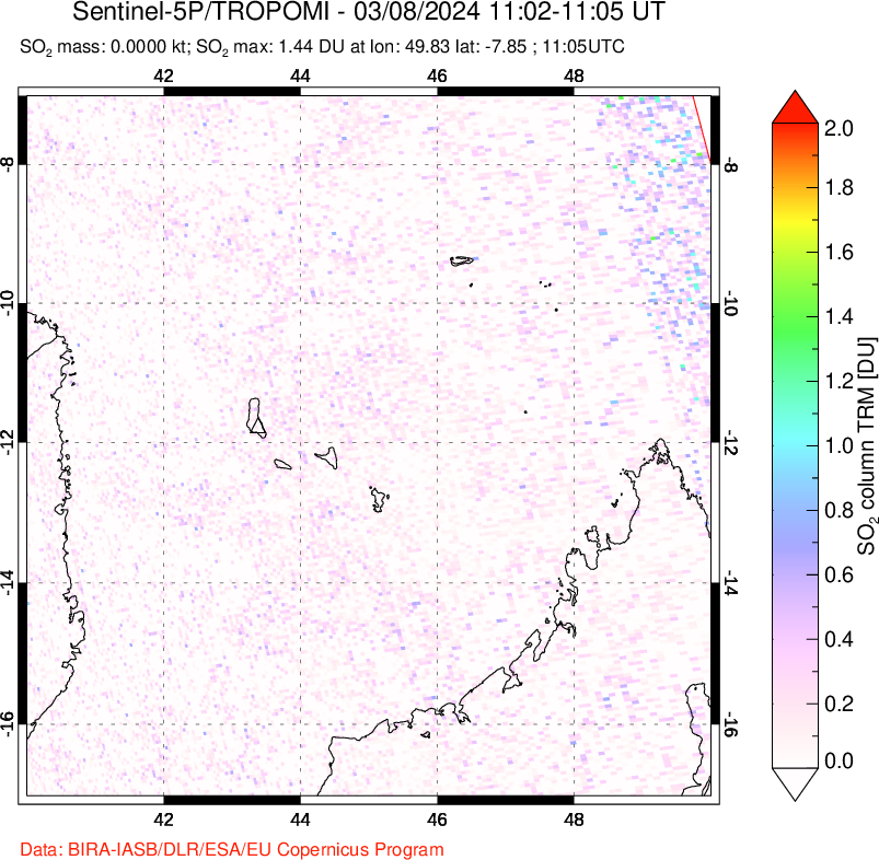 A sulfur dioxide image over Comoro Islands on Mar 08, 2024.