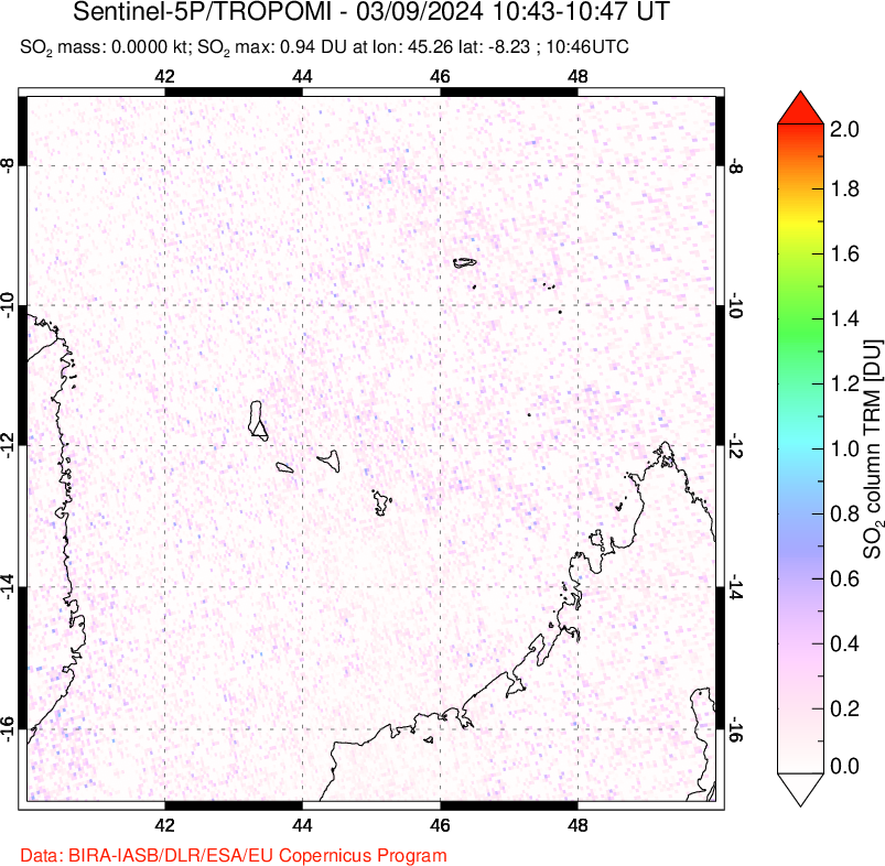 A sulfur dioxide image over Comoro Islands on Mar 09, 2024.