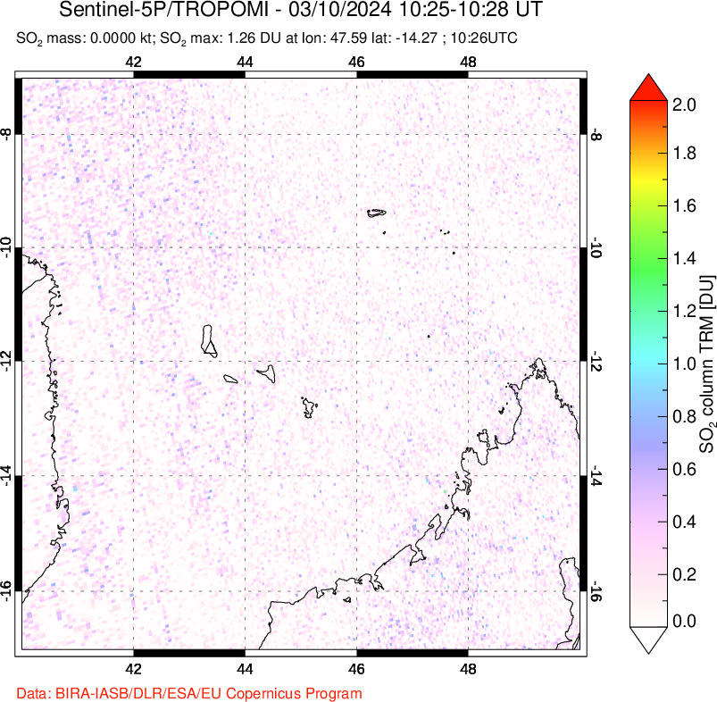 A sulfur dioxide image over Comoro Islands on Mar 10, 2024.