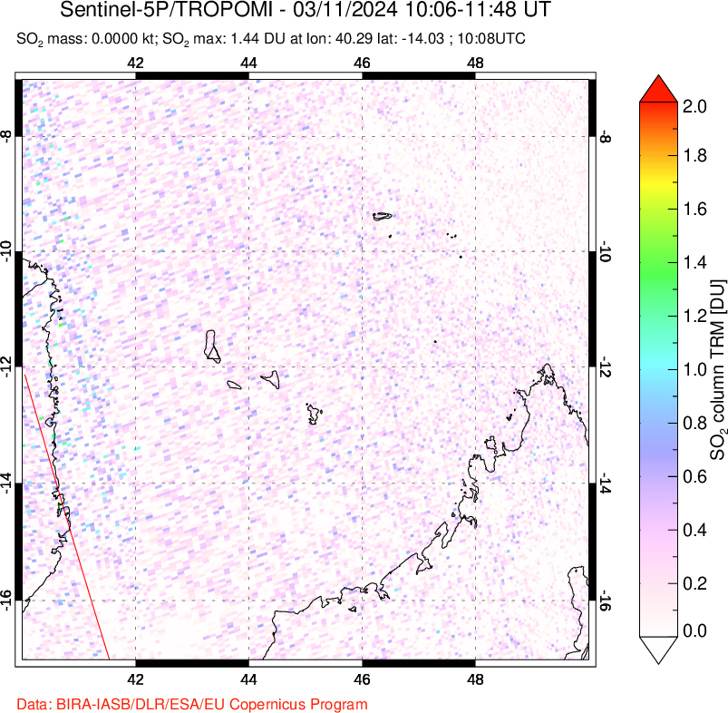 A sulfur dioxide image over Comoro Islands on Mar 11, 2024.